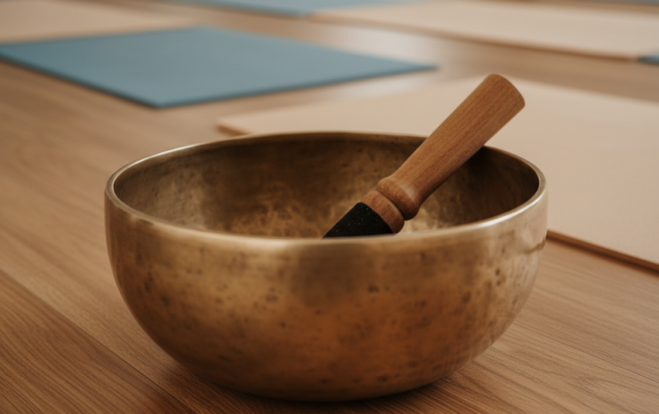 Große tibetische Klangschale mit Holzklöppel auf warmem Holzboden in einem ruhigen Yogastudio, im Hintergrund unscharf ausgelegte Yogamatten.