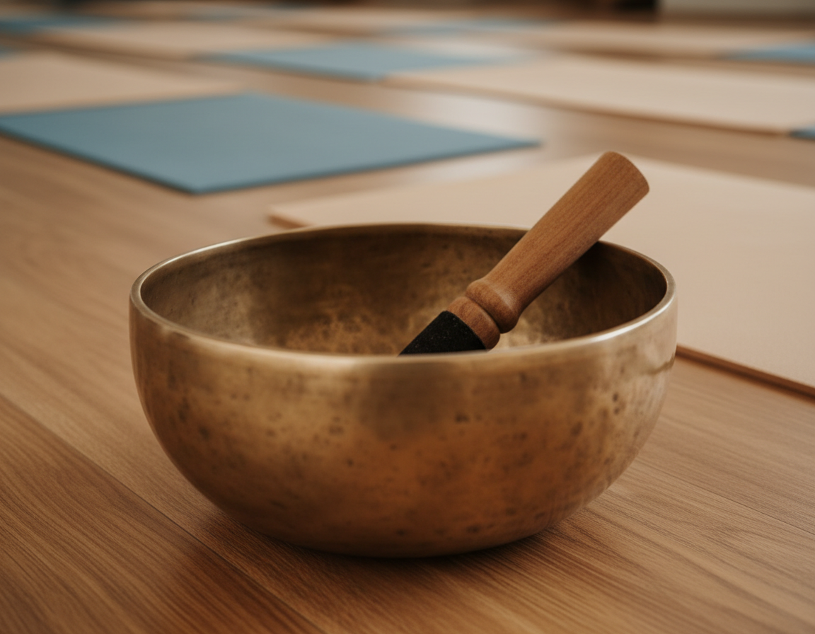 Große tibetische Klangschale mit Holzklöppel auf warmem Holzboden in einem ruhigen Yogastudio, im Hintergrund unscharf ausgelegte Yogamatten.