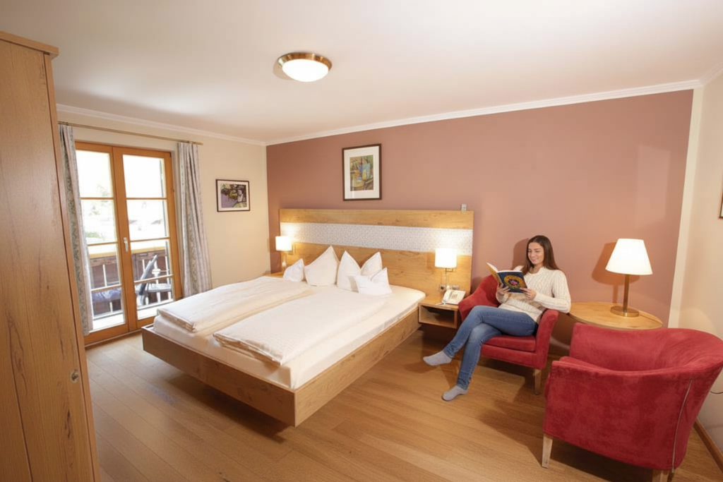 Gemütliches Zimmer im Klosterhof zur Post in Bayrischzell mit warmem Licht, Holzmöbeln und Sitzbereich. Eine Frau entspannt beim Lesen.