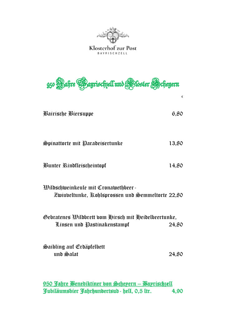 Jubiläumskarte im Klosterhof zur Post in Bayrischzell anlässlich 950 Jahre Kloster Scheyern mit Gerichten wie Biersuppe, Wildgerichten und Saibling.