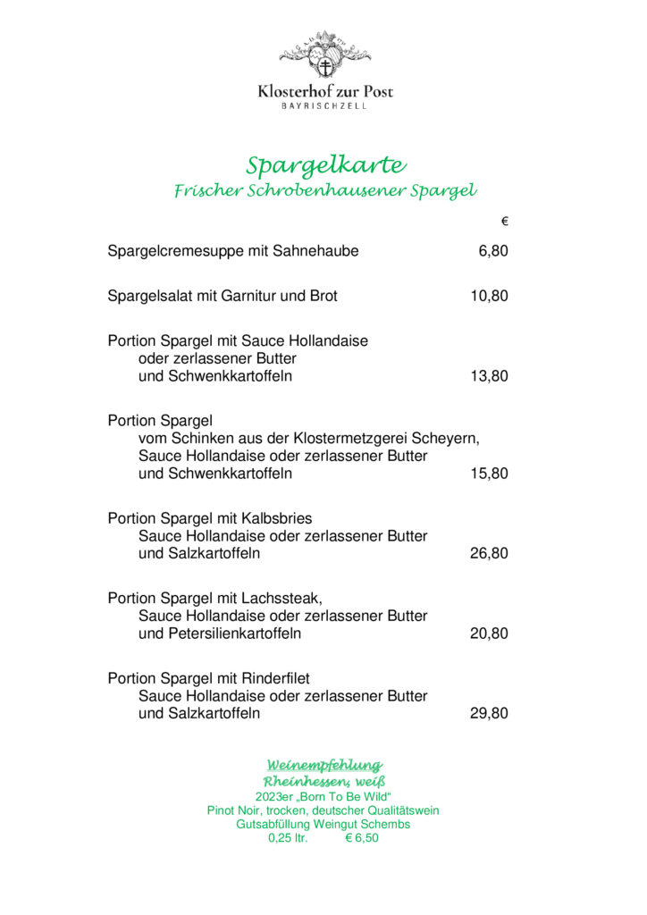 Spargelkarte des Klosterhofs zur Post in Bayrischzell mit Schrobenhausener Spargel, klassischen und feinen Spargelgerichten