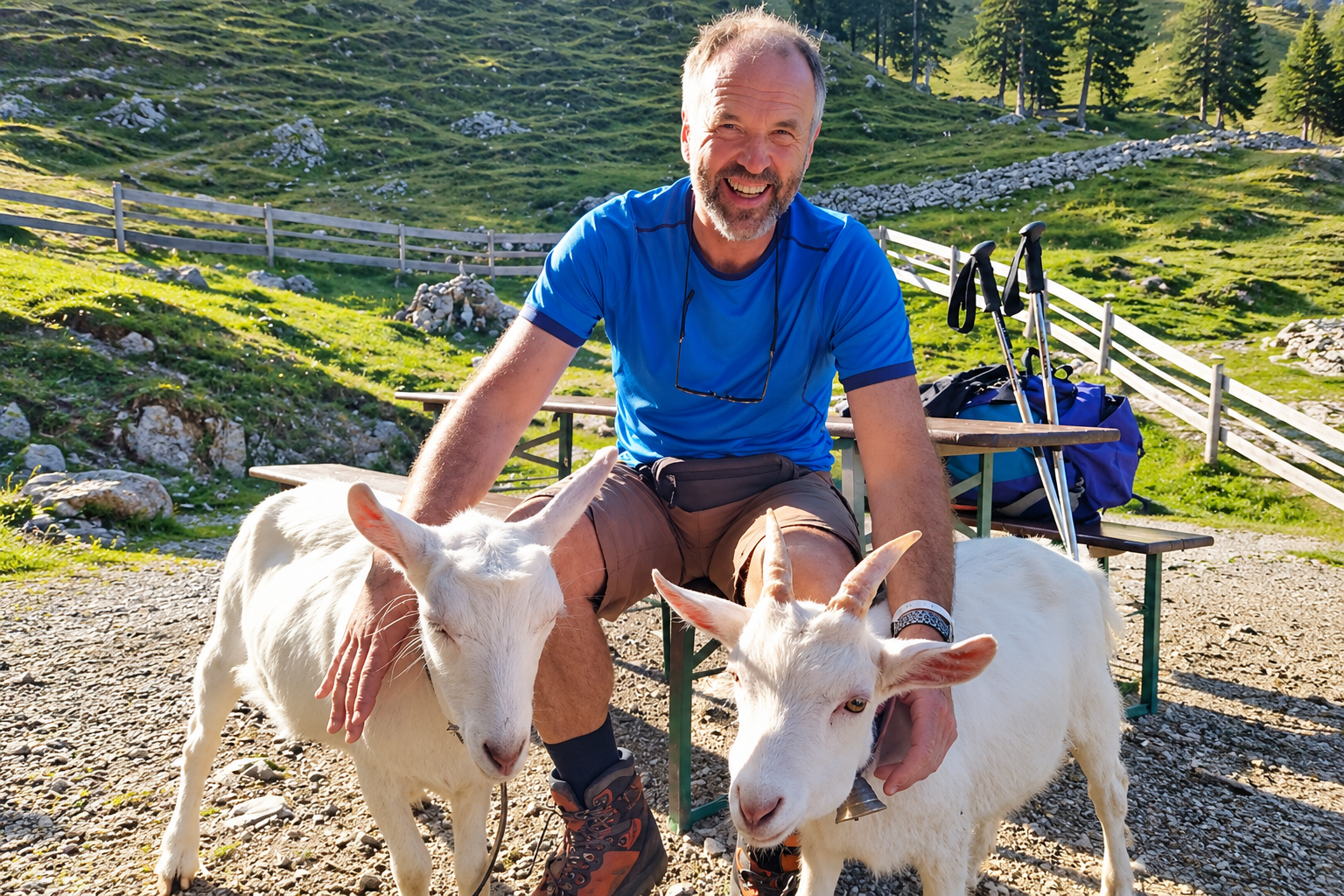 Pater Benedikt mit zwei Ziegen auf der Geitauer Alm oberhalb von Bayrischzell.