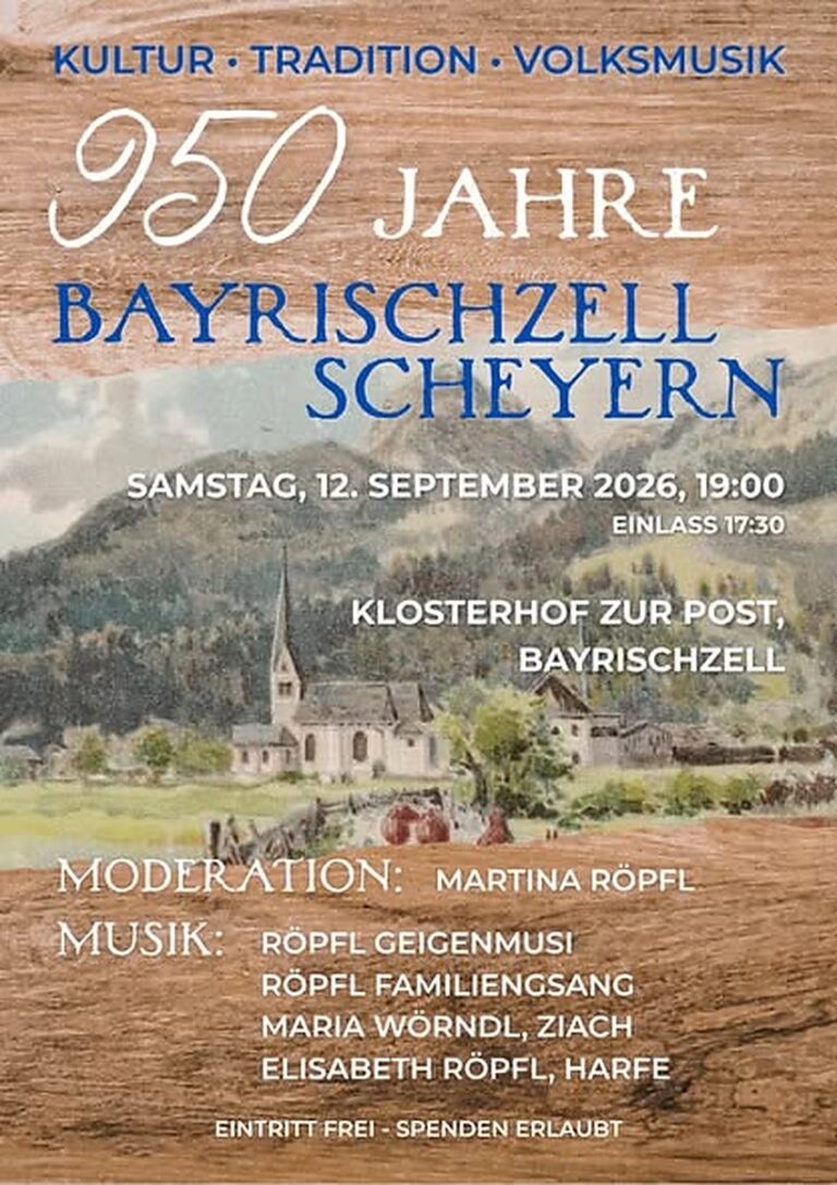 Plakat zum Volksmusik-Abend „950 Jahre Bayrischzell – Scheyern“ am 12. September 2026 im Klosterhof zur Post