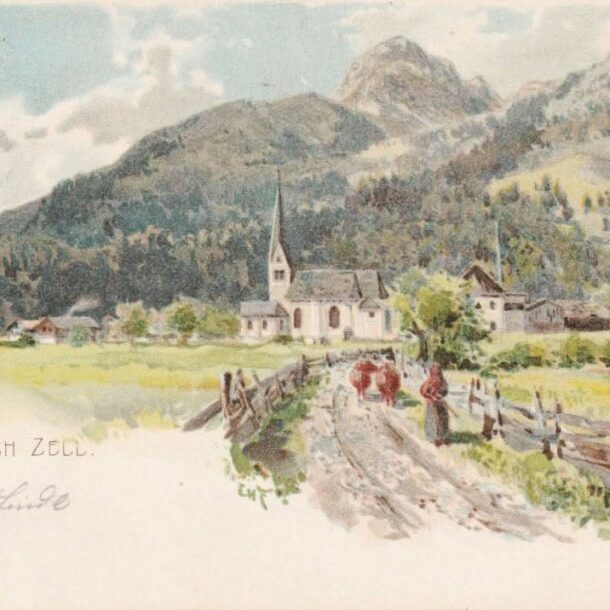 Historische Postkarte von Bayrischzell um 1900 zum Volksmusik-Abend „950 Jahre Bayrischzell – Scheyern“